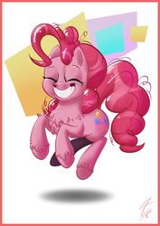 Size: 2480x3508 | Tagged: safe, artist:tony-retro, pinkie pie, earth pony, pony, g4, chest fluff, eyes closed, female, high res, misleading thumbnail, pronking, smiling, solo, unshorn fetlocks
