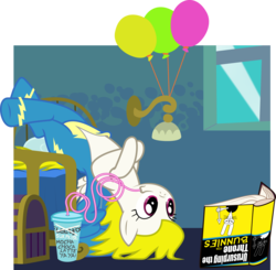 Size: 2044x2000 | Tagged: safe, artist:phucknuckl, surprise (g4), pegasus, pony, g4, background pony, balloon, book, clothes, coffee, crazy straw, female, for dummies, high res, lady marmalade, mare, misspelling, solo, song reference, uniform, upside down, vector, wonderbolts uniform