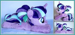 Size: 1024x488 | Tagged: safe, artist:oneofakindplush, starlight glimmer, pony, unicorn, g4, beanie (plushie), cute, female, filly, filly starlight glimmer, glimmerbetes, irl, photo, pigtails, plushie, ribbon, smiling, solo, younger