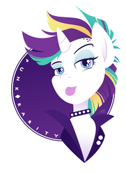 Size: 1000x1379 | Tagged: safe, artist:raygirl, rarity, pony, unicorn, g4, it isn't the mane thing about you, alternate hairstyle, bust, clothes, cutie mark eyes, female, horn, lineless, mare, portrait, punk, raripunk, simple background, solo, tongue out, white background