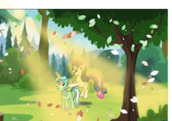 Size: 3001x2112 | Tagged: safe, artist:jxst-starly, bon bon, lyra heartstrings, sweetie drops, earth pony, pony, unicorn, g4, duo, forest, high res, leaves, smiling