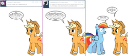 Size: 1808x800 | Tagged: safe, artist:dekomaru, applejack, rainbow dash, pony, tumblr:ask twixie, g4, ask, female, lesbian, ship:appledash, shipping, shrunken pupils, tumblr