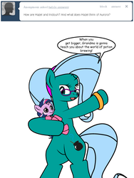 Size: 600x800 | Tagged: safe, artist:dekomaru, oc, oc only, oc:aurora, oc:hazel lulamoon, pony, unicorn, tumblr:ask twixie, ask, baby, baby pony, bipedal, female, filly, grandmother and grandchild, magical lesbian spawn, offspring, parent:trixie, parent:twilight sparkle, parents:twixie, tumblr