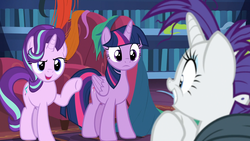 Size: 1920x1080 | Tagged: safe, screencap, rarity, starlight glimmer, twilight sparkle, alicorn, pony, g4, it isn't the mane thing about you, raribald, twilight sparkle (alicorn)