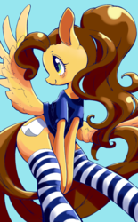 Size: 620x1003 | Tagged: safe, artist:unousaya, oc, oc only, oc:mimic, pegasus, pony, bipedal, blushing, clothes, female, looking back, mare, ponytail, shirt, smiling, socks, solo, stockings, striped socks, thigh highs