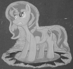 Size: 3696x3464 | Tagged: safe, artist:malte279, sunset shimmer, pony, unicorn, g4, black and white, chalk drawing, female, grayscale, high res, monochrome, solo, traditional art