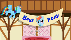 Size: 1280x720 | Tagged: safe, edit, edited screencap, screencap, rainbow dash, pegasus, pony, g4, the last roundup, banner, best pony, blushing, female, flying, mare, mouth hold, narcissism, solo