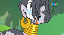 Size: 854x470 | Tagged: safe, screencap, zecora, zebra, a health of information, g4, alternate hairstyle, carousel (tv channel), ear piercing, earring, female, jewelry, piercing, solo, swamp, swamp fever, wet, wet mane