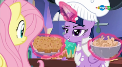 Size: 854x470 | Tagged: safe, screencap, fluttershy, twilight sparkle, alicorn, pegasus, pony, a health of information, g4, carousel (tv channel), cauliflower bite, chef's hat, duo, food, hat, muffin, sweet potato muffin, twilight sparkle (alicorn)