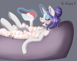 Size: 2636x2095 | Tagged: safe, artist:lamentedmusings, rarity, pony, g4, alternate hairstyle, bath, blushing, bubble bath, female, glowing horn, hair bun, high res, horn, magic, simple background, solo, telekinesis