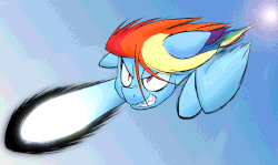 Size: 894x534 | Tagged: safe, artist:ikarooz, rainbow dash, pegasus, pony, g4, animated, blinking, evil smile, female, floppy ears, flying, gif, glare, grin, jaws, mare, punch, sharp teeth, smiling, smirk, solo, spread wings, teeth, windswept mane, wings