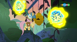Size: 854x470 | Tagged: safe, screencap, fluttershy, flash bee, pegasus, pony, a health of information, g4, beehive, carousel (tv channel), healer's mask, mask, tree