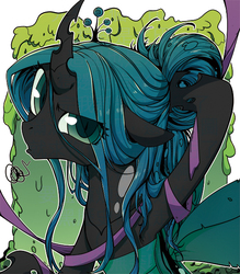 Size: 517x591 | Tagged: safe, artist:yukandasama, queen chrysalis, changeling, changeling queen, goo, g4, alternate hairstyle, crown, cute, cutealis, female, horn, jewelry, regalia, ribbon, solo, wings