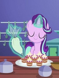 Size: 476x627 | Tagged: safe, screencap, starlight glimmer, all bottled up, g4, cake, cropped, female, food, icing bag, solo, teacakes