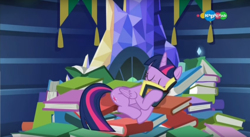 Size: 1678x920 | Tagged: safe, screencap, twilight sparkle, alicorn, pony, a health of information, g4, book, carousel (tv channel), female, mare, sleeping, solo, that pony sure does love books, twilight sparkle (alicorn)