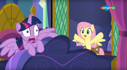 Size: 1676x920 | Tagged: safe, screencap, fluttershy, twilight sparkle, alicorn, pegasus, pony, a health of information, g4, bed, bipedal, carousel (tv channel), cute, duo, female, hooves in air, mare, open mouth, shyabetes, spread wings, twilight sparkle (alicorn), underhoof, wings