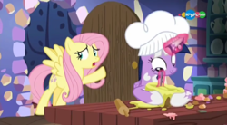 Size: 854x470 | Tagged: safe, screencap, fluttershy, twilight sparkle, alicorn, pony, a health of information, g4, carousel (tv channel), chef's hat, duo, hat, twilight sparkle (alicorn)
