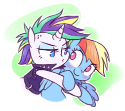 Size: 520x459 | Tagged: safe, artist:raridashdoodles, rainbow dash, rarity, pegasus, pony, unicorn, g4, it isn't the mane thing about you, alternate hairstyle, blushing, clothes, female, hug, lesbian, mare, punk, raripunk, ship:raridash, shipping, short hair, simple background, smiling