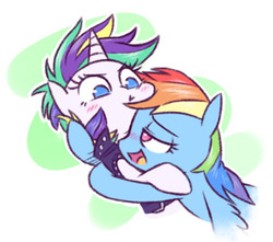 Size: 500x441 | Tagged: safe, artist:raridashdoodles, rainbow dash, rarity, pegasus, pony, unicorn, g4, it isn't the mane thing about you, alternate hairstyle, blushing, clothes, female, hug, lesbian, mare, punk, raripunk, ship:raridash, shipping, short hair, simple background, smiling