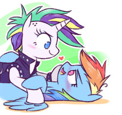 Size: 475x448 | Tagged: safe, artist:raridashdoodles, rainbow dash, rarity, pegasus, pony, unicorn, g4, it isn't the mane thing about you, alternate hairstyle, blushing, clothes, duo, female, heart, lesbian, looking at each other, mare, punk, raripunk, ship:raridash, shipping, short hair, simple background, smiling