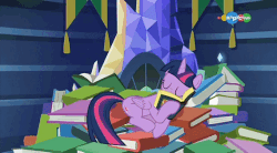 Size: 569x313 | Tagged: safe, screencap, fluttershy, twilight sparkle, alicorn, pony, a health of information, g4, animated, book bed, carousel (tv channel), cute, duo, female, gif, twiabetes, twilight sparkle (alicorn)