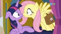 Size: 854x470 | Tagged: safe, screencap, fluttershy, twilight sparkle, alicorn, pony, a health of information, g4, animated, boop, carousel (tv channel), duo, faint, fainting goat, female, gif, spread wings, twilight sparkle (alicorn), wings