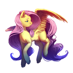 Size: 1500x1500 | Tagged: safe, artist:voyager, fluttershy, pegasus, pony, g4, colored hooves, female, flying, lidded eyes, looking away, mare, missing cutie mark, sad, simple background, solo, spread wings, turned head, white background, wings