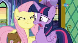 Size: 854x470 | Tagged: safe, edit, screencap, fluttershy, twilight sparkle, alicorn, pony, a health of information, g4, animated, carousel (tv channel), duo, female, gif, pushing, twilight sparkle (alicorn)