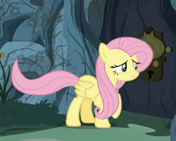 Size: 400x320 | Tagged: safe, screencap, fluttershy, pony, a health of information, g4, season 7, animated, cropped, female, fluttershy vs door, gif, meadowbrook's home, solo