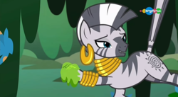 Size: 1366x748 | Tagged: safe, screencap, zecora, pony, zebra, a health of information, g4, carousel (tv channel), criss cross moss, ear piercing, earring, faic, jewelry, lip bite, looking at you, muck, not what it looks like, out of context, piercing, pouting, raised tail, swamp, swamp fever plant, tail, tail pull