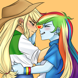 Size: 1000x1000 | Tagged: safe, artist:raika0306, applejack, rainbow dash, equestria girls, g4, clothes, cowboy hat, eyes closed, female, hat, lesbian, multicolored hair, ship:appledash, shipping, smiling, stetson