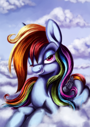 Size: 807x1140 | Tagged: safe, artist:shivannie, rainbow dash, pegasus, pony, g4, bedroom eyes, cloud, female, looking at you, mare, multicolored hair, prone, sky, smiling, solo