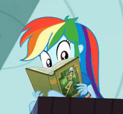 Size: 384x355 | Tagged: safe, screencap, daring do, rainbow dash, eqg summertime shorts, equestria girls, g4, leaping off the page, animated, female, gif, reaction image, reversed
