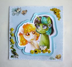 Size: 1493x1388 | Tagged: safe, artist:sapraitlond, oc, oc only, earth pony, pony, unicorn, craft, duo, flower, flower in hair, papercraft, traditional art