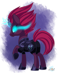 Size: 1380x1724 | Tagged: safe, artist:iheartjapan789, tempest shadow, pony, unicorn, g4, my little pony: the movie, armor, broken horn, butt, female, glowing eyes, glowing horn, horn, looking back, mare, plot, raised hoof, solo, tempass