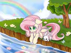 Size: 1024x768 | Tagged: safe, artist:foxcarp, angel bunny, fluttershy, butterfly, pegasus, pony, g4, blushing, chest fluff, cute, flower, grass, lying, nature, prone, rainbow, river, shyabetes, smiling, tree, watermark