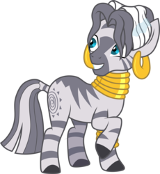 Size: 3001x3258 | Tagged: safe, artist:cloudy glow, zecora, zebra, a health of information, g4, bracelet, ear piercing, earring, female, high res, jewelry, neck rings, piercing, quadrupedal, raised hoof, simple background, smiling, solo, transparent background, vector, wet mane
