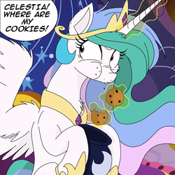 Size: 2048x2048 | Tagged: safe, artist:ncmares, color edit, edit, princess celestia, alicorn, pony, cheek fluff, colored, cookie, cookie jar, cookie thief, cute, cutelestia, dialogue, female, food, implied princess luna, implied theft, jewelry, looking offscreen, mare, nose wrinkle, offscreen character, princess celestia's bedroom, recolor, regalia, scrunchy face, speech bubble, this will end in tears and/or a journey to the sun