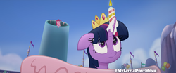Size: 1280x532 | Tagged: safe, screencap, pinkie pie, twilight sparkle, alicorn, pony, g4, my little pony: the movie, balloon, cake, candle, cannon, food, mountain, twilight sparkle (alicorn)