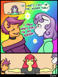 Size: 1536x2048 | Tagged: safe, artist:tipsie, apple bloom, scootaloo, sweetie belle, anthro, comic:the revenge of the cute, g4, breasts, cleavage, comic, cutie mark crusaders, female, lesbian, rainbow