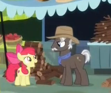 Size: 225x188 | Tagged: safe, screencap, apple bloom, burnt oak, earth pony, pony, g4, it isn't the mane thing about you, bandana, bow, continuity, cowboy hat, cropped, cute, female, filly, hat, male, stallion, wood