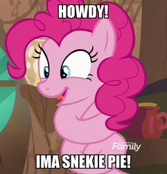 Size: 1042x1080 | Tagged: safe, edit, edited screencap, screencap, pinkie pie, g4, it isn't the mane thing about you, coiling, image macro, meme, text, twisted neck, zecora's hut