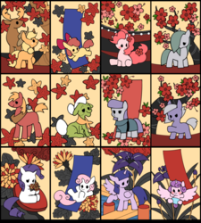 Size: 700x778 | Tagged: safe, artist:bartolomeus_, apple bloom, applejack, big macintosh, granny smith, limestone pie, marble pie, maud pie, pinkie pie, princess flurry heart, rarity, sweetie belle, twilight sparkle, alicorn, deer, earth pony, pony, unicorn, g4, chibi, female, filly, flower, foal, hanafuda, male, mare, stallion