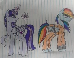 Size: 1023x802 | Tagged: safe, artist:princessmatrix, rainbow dash, twilight sparkle, alicorn, pegasus, pony, g4, b-f16, bound wings, chains, clothes, cuffs, jumpsuit, key, levitation, lined paper, magic, prison outfit, prisoner rd, shackles, telekinesis, traditional art, twilight sparkle (alicorn)