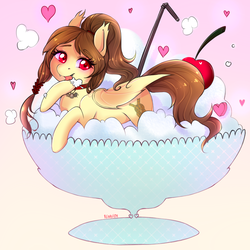 Size: 1000x1000 | Tagged: safe, artist:renaifoxi, oc, oc only, oc:noctalia, bat pony, cherry, collar, food, ice cream, ponies in food, tongue out