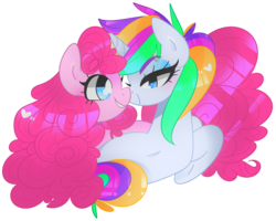 Size: 1280x1026 | Tagged: safe, artist:vivian reed, pinkie pie, rarity, earth pony, pony, unicorn, g4, it isn't the mane thing about you, alternate hairstyle, female, lesbian, looking at each other, punk, raripunk, ship:raripie, shipping, simple background, smiling, transparent background