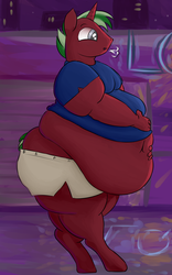 Size: 2500x4000 | Tagged: safe, artist:lupin quill, oc, oc only, oc:wooden spoon, anthro, unguligrade anthro, belly, belly button, bhm, big belly, clothes, fat, large butt, obese, open mouth, shirt, short tail, shorts, solo, stuffed, thunder thighs, tight clothing, wardrobe malfunction