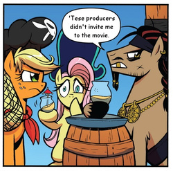 Size: 510x503 | Tagged: safe, edit, idw, applejack, captain hoofbeard, fluttershy, g4, spoiler:comic, spoiler:comic13, drink, gold tooth, pirate, text edit
