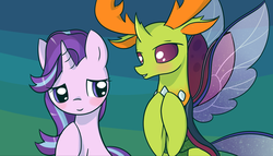 Size: 2474x1419 | Tagged: safe, artist:nika191319, starlight glimmer, thorax, changedling, changeling, pony, unicorn, g4, blushing, female, glimax, king thorax, male, mare, shipping, smiling, straight