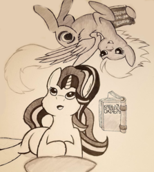 Size: 1024x1148 | Tagged: safe, artist:zalla661, night glider, starlight glimmer, pony, g4, book, monochrome, reading, russian, traditional art